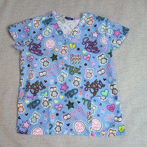 Zikit Scrub Top Womens S Blue Owls Hearts Short Sleeve Nurse Doctor Medical